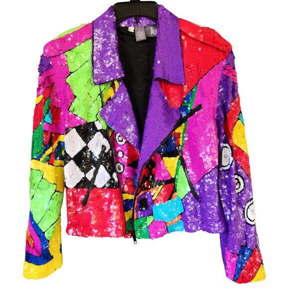 Sequin Moto Jacket Women's Neon Multicolor OOAK Zipper Front100% Silk Sz Medium - Picture 1 of 17
